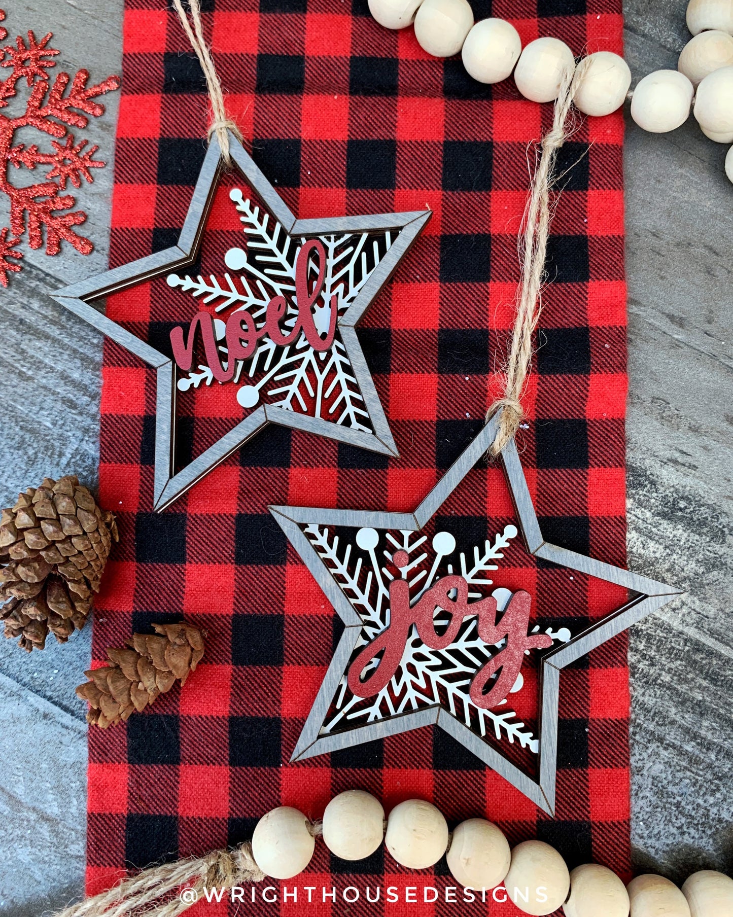 Snowflake Star Ornament - Rustic Farmhouse - Wooden Layered Christmas Ornaments and Stocking Tags - Joy, Hope, Faith Peace, Noel Set