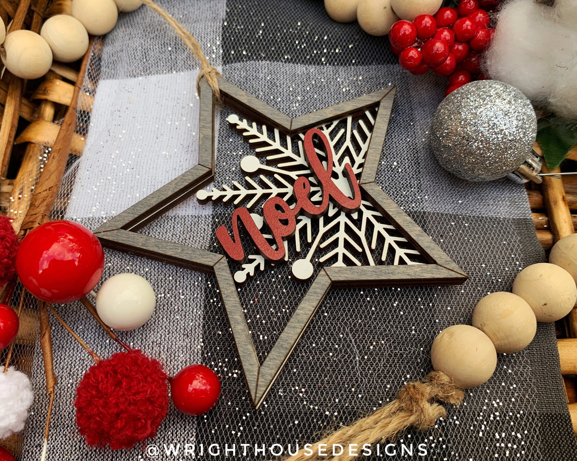 Snowflake Star Ornament - Rustic Farmhouse - Wooden Layered Christmas Ornaments and Stocking Tags - Joy, Hope, Faith Peace, Noel Set