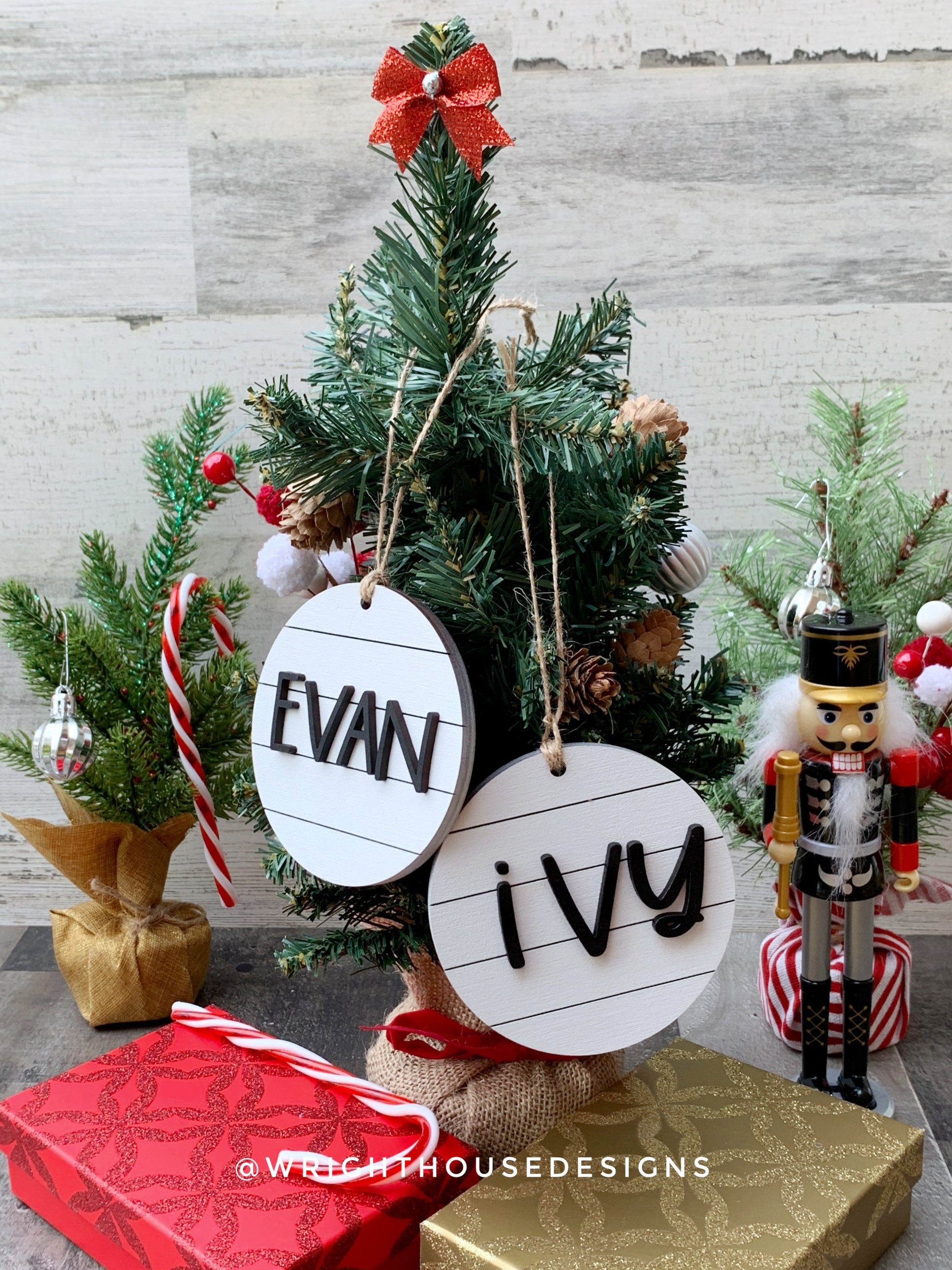 Personalized Farmhouse Christmas Tree Ornament - Wooden Shiplap Stocking Tag - Secret Santa Gift - Holiday Decor