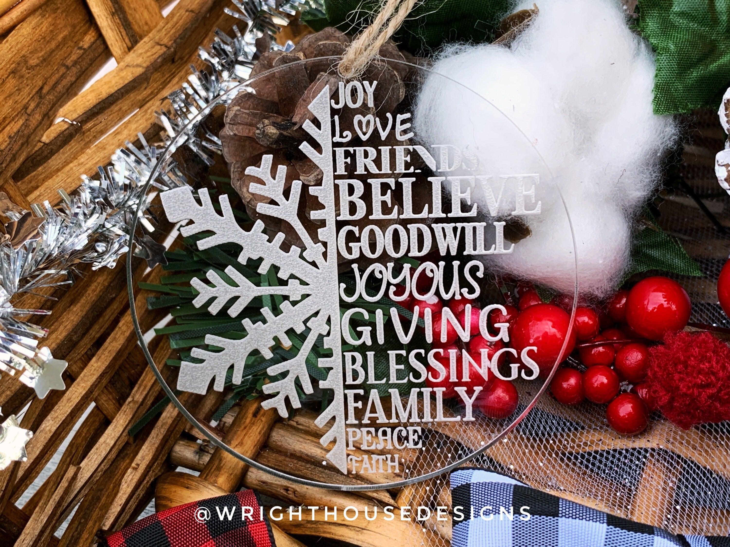 Snowflake - Joy Love Friends Believe - Laser Engraved Acrylic Christmas Tree Ornament