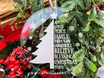 Load image into Gallery viewer, Snow Globe Snowflake and Snowy Christmas Tree Set- Joy Love Peace Family Friends - Laser Engraved Frosted Acrylic Christmas Tree Ornament
