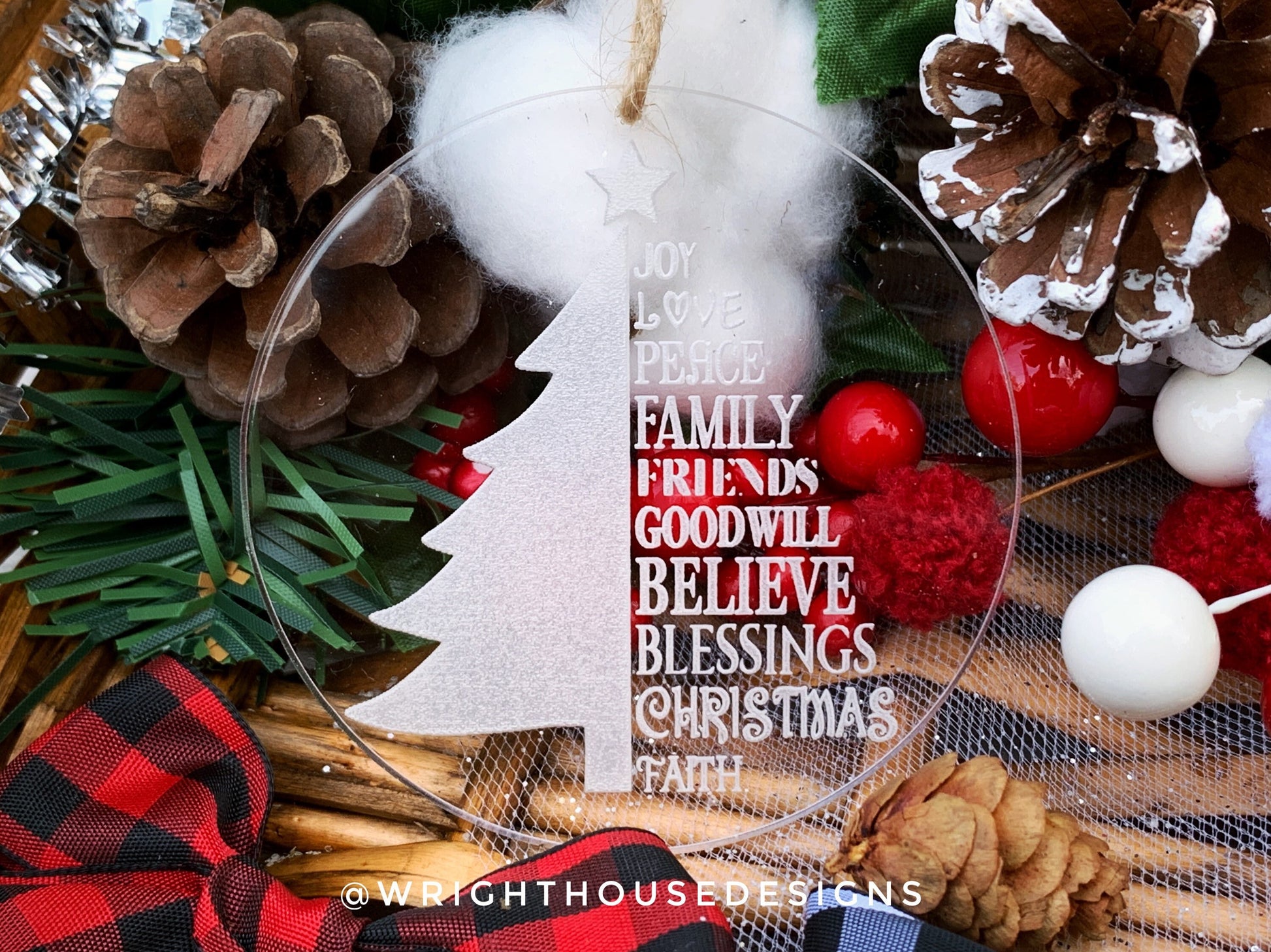 Snowflake and Christmas Tree Set - Joy Love Friends Believe - Laser Engraved Acrylic Christmas Tree Ornaments