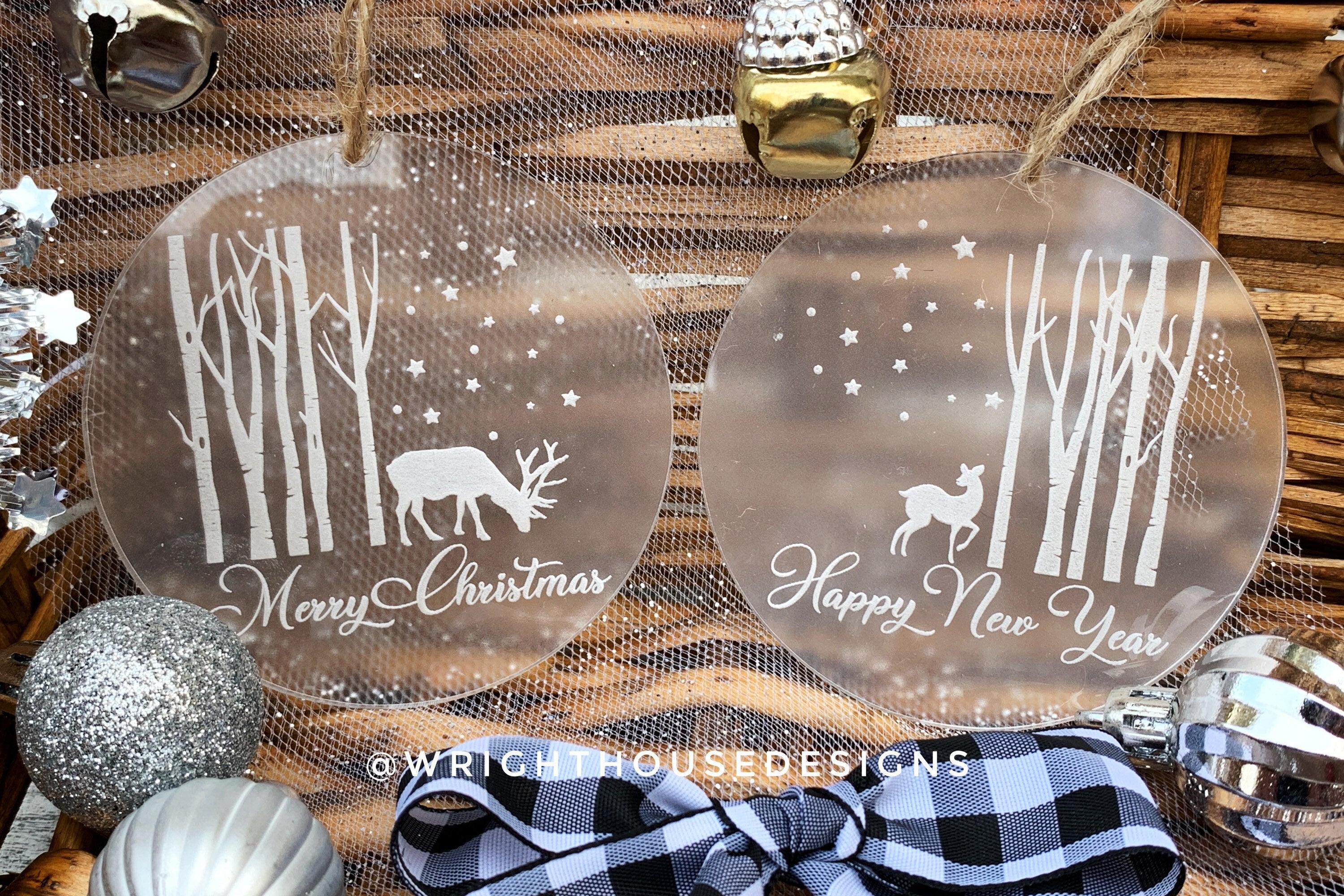 Reindeer Winter Night Sky Wooded Scene - Merry Christmas - Happy New Year - Laser Engraved Frosted Acrylic Christmas Tree Ornament Set