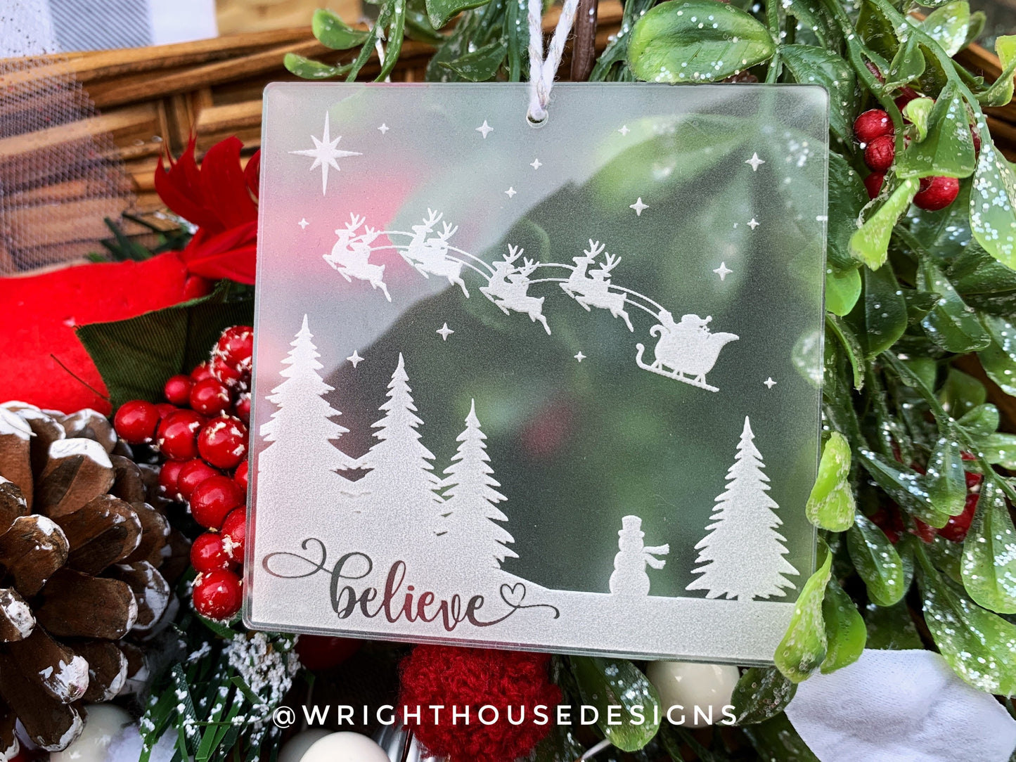 Believe - Santa's Sleigh Christmas Eve Scene - Laser Engraved Frosted Acrylic - Christmas Tree Ornament