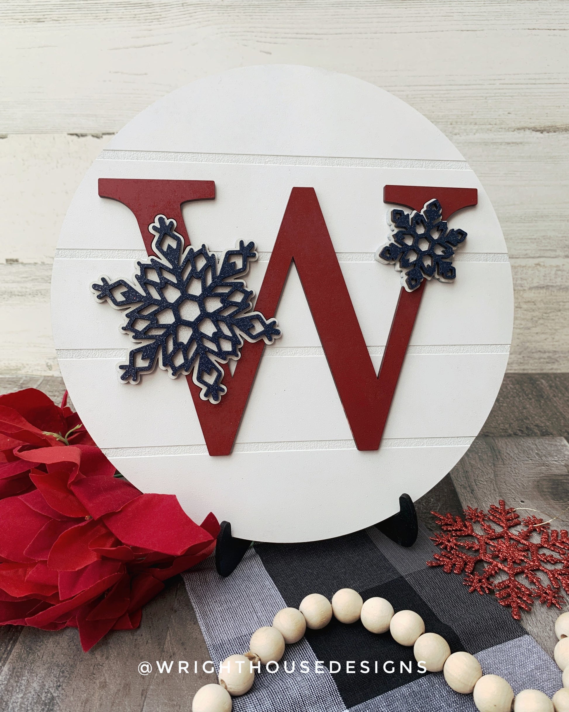 Winter Snowflake Personalized Monogram Family Name - Laser Cut Wooden Shiplap Round Sign - Rustic Farmhouse - Southern Style Bookshelf Decor