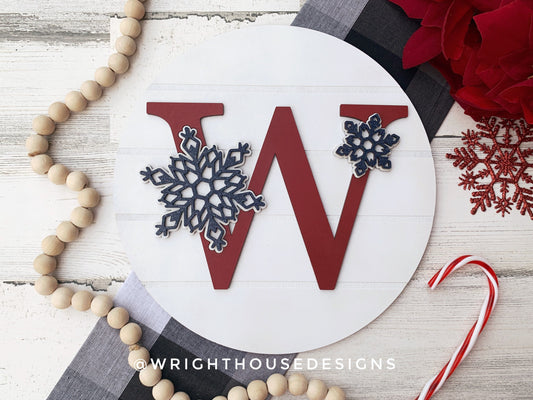 Winter Snowflake Personalized Monogram Family Name - Laser Cut Wooden Shiplap Round Sign - Rustic Farmhouse - Southern Style Bookshelf Decor