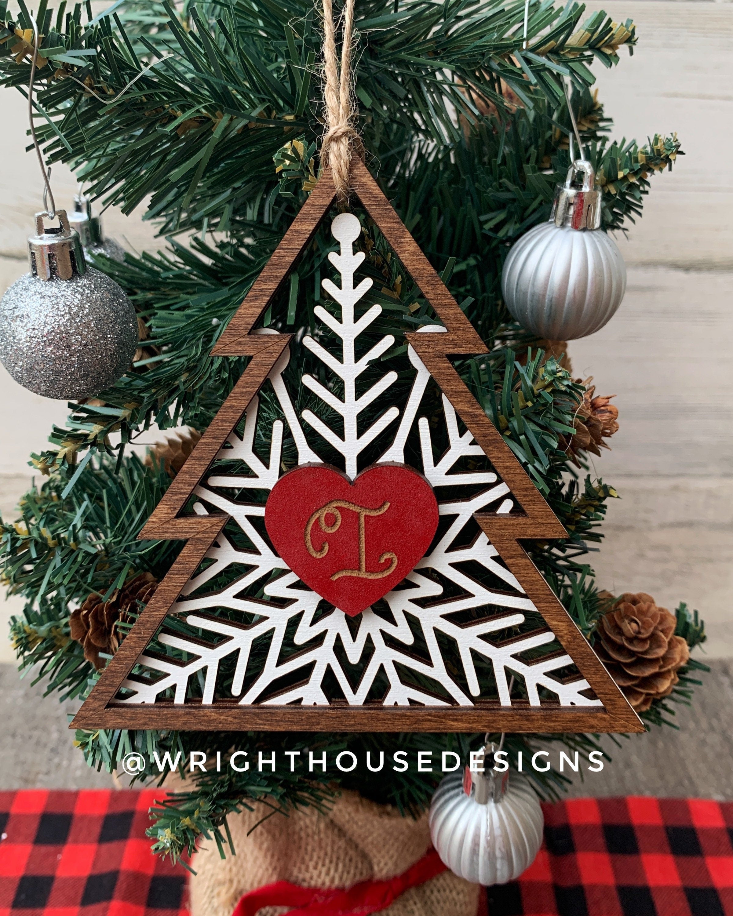 Snowflake Pine Tree - Personalized Monogram - Rustic Farmhouse - Laser Engraved - Custom Wooden Christmas Ornaments and Stocking Tags