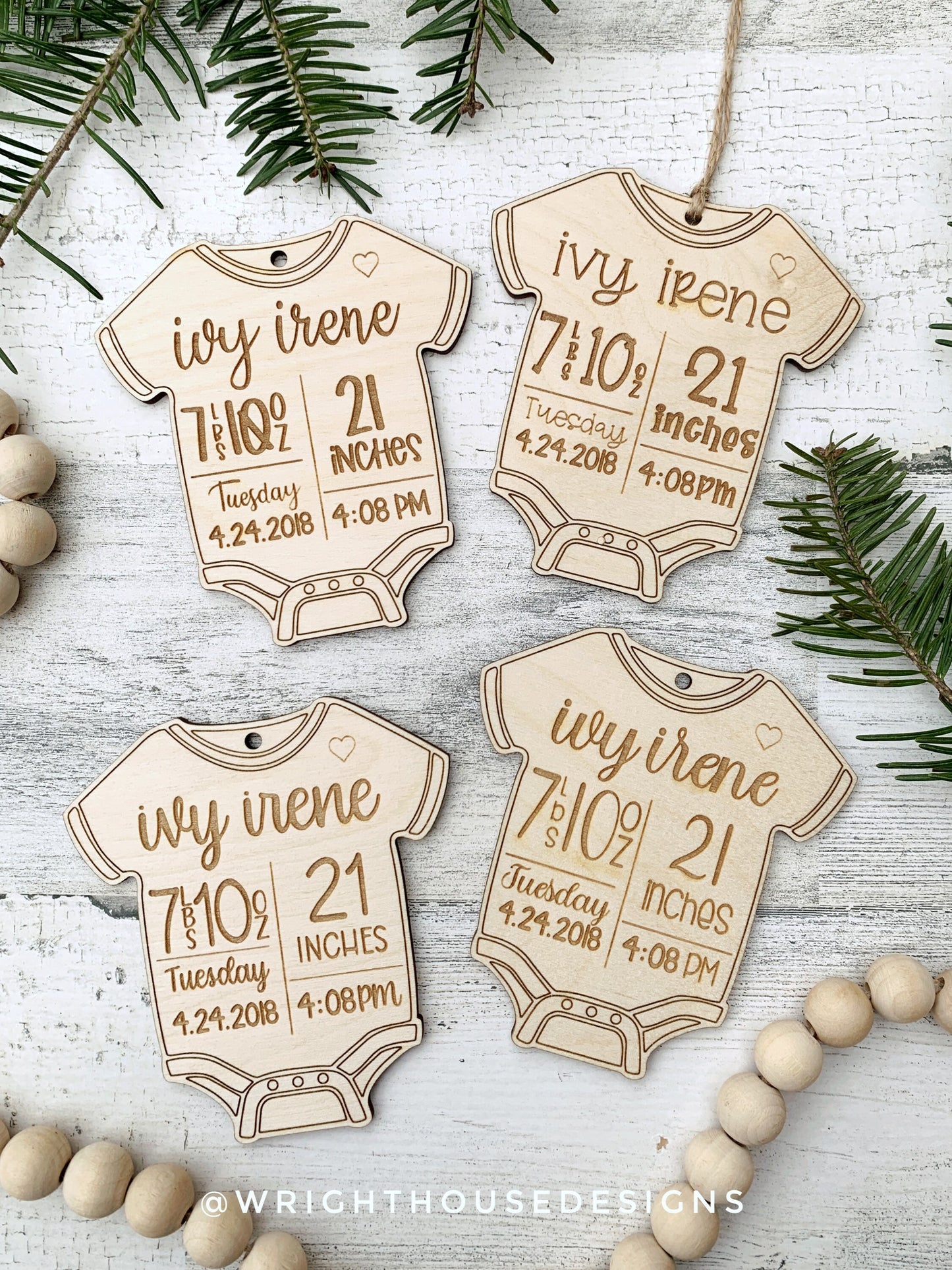 Baby Bodysuit Ornament - Baby's First Christmas Ornament - Personalized Newborn Birth Announcement - Birth Vitals