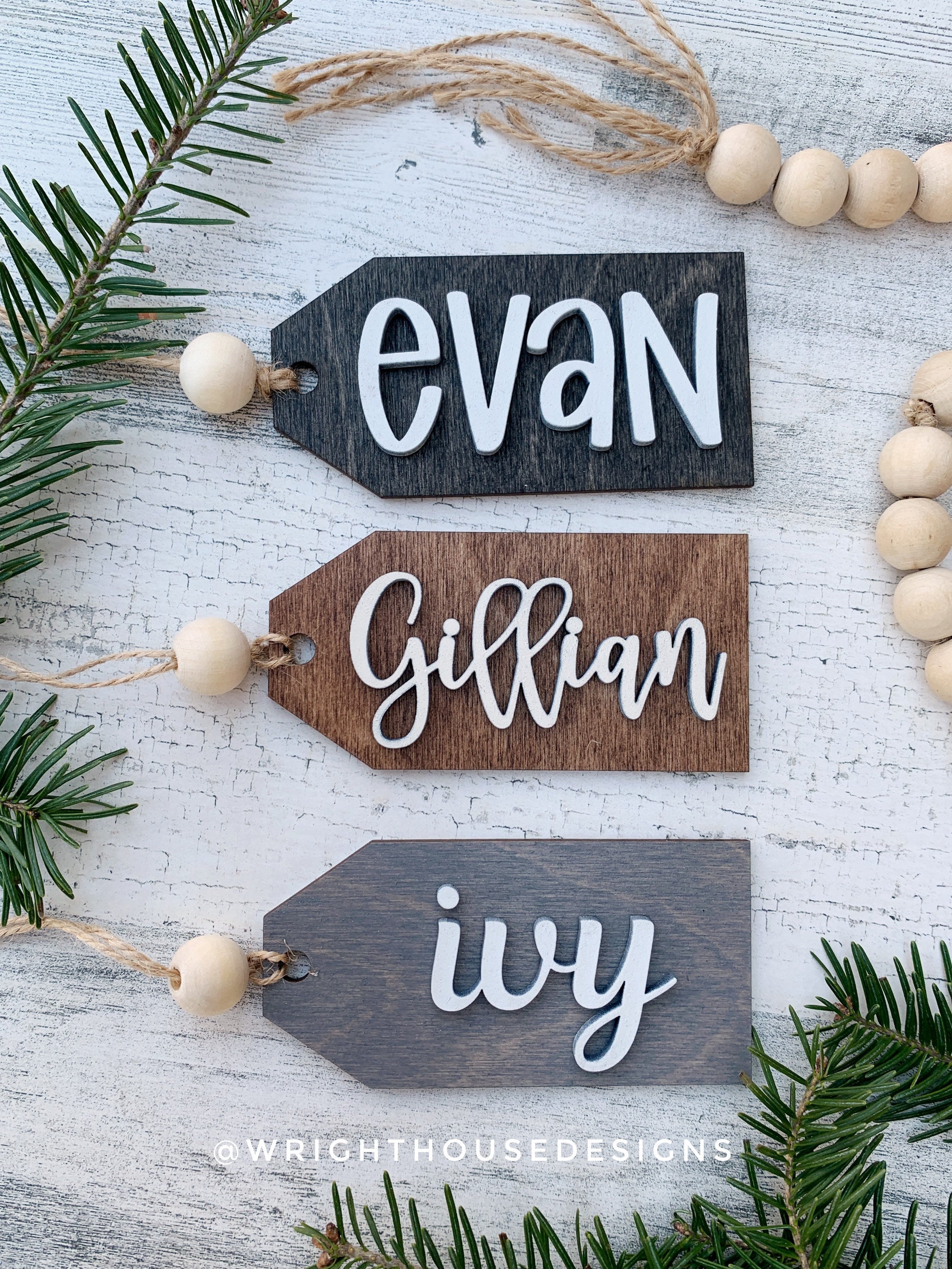 Custom Christmas Stocking Tags - Personalized Gift Bag Name Tags - Stained and Painted Wooden Tree Ornaments