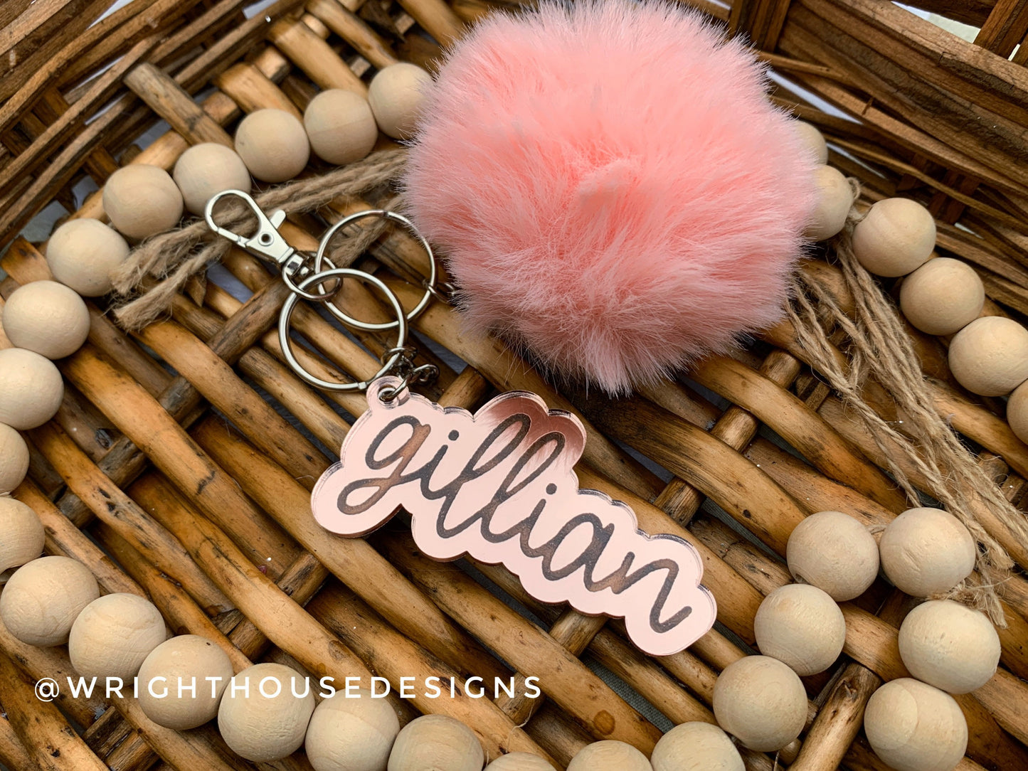 Personalized Name Mirrored Acrylic Pom Pom Keychain - Mother's Day- Father's Day  - Gift For Her - Gift For Friends