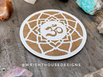 Load image into Gallery viewer, Zen Ohm Mandala - Wood Crystal Grid - Coaster - Coffee and Tea - Yoga and Meditation Guide
