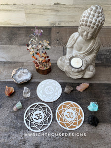 Zen Ohm Mandala - Wood Crystal Grid - Coaster - Coffee and Tea - Yoga and Meditation Guide