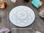 Load image into Gallery viewer, Zen Ohm Mandala - Wood Crystal Grid - Coaster - Coffee and Tea - Yoga and Meditation Guide
