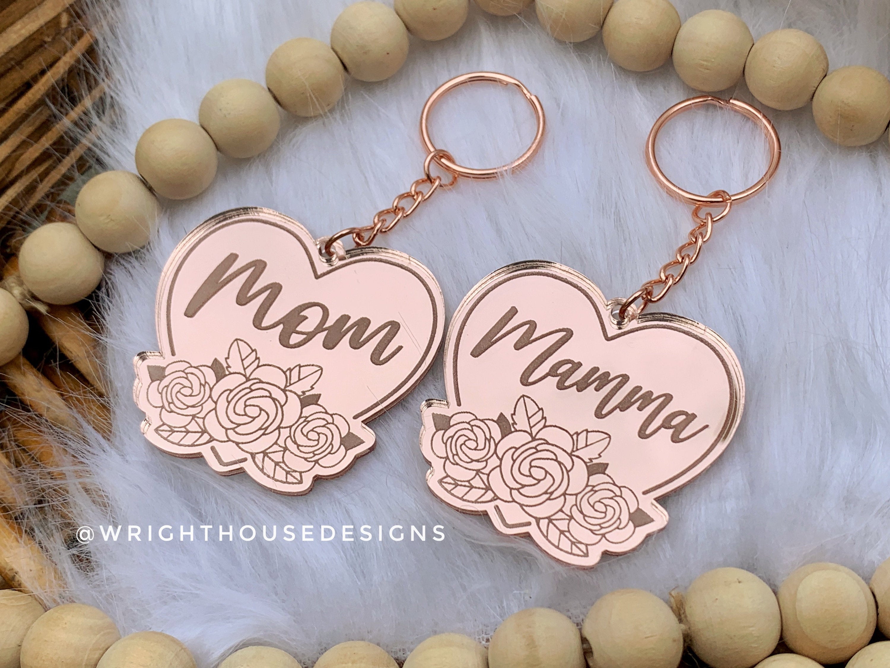 Mother’s Day Floral Heart Mirrored Acrylic Keychain - Gift For Mom, Grandmother, Aunt, Stepmom