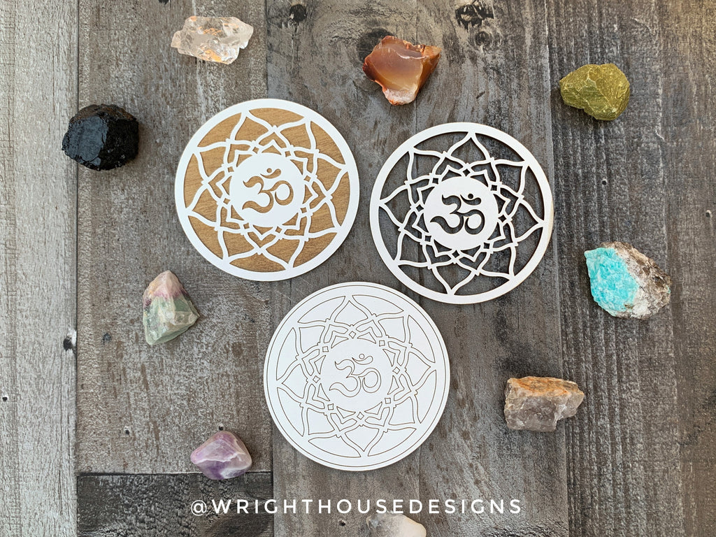 Zen Ohm Mandala - Wood Crystal Grid - Coaster - Coffee and Tea - Yoga and Meditation Guide