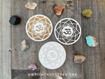 Load image into Gallery viewer, Zen Ohm Mandala - Wood Crystal Grid - Coaster - Coffee and Tea - Yoga and Meditation Guide
