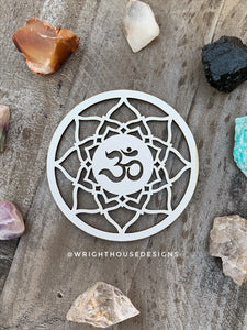 Zen Ohm Mandala - Wood Crystal Grid - Coaster - Coffee and Tea - Yoga and Meditation Guide