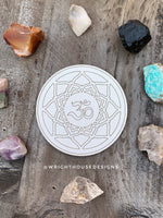 Load image into Gallery viewer, Zen Ohm Mandala - Wood Crystal Grid - Coaster - Coffee and Tea - Yoga and Meditation Guide
