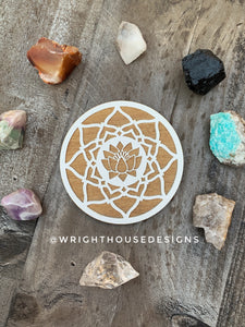 Lotus Flower Mandala - Wood Crystal Grid - Coaster - Coffee and Tea - Yoga and Meditation Guide