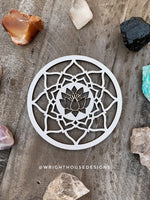 Load image into Gallery viewer, Lotus Flower Mandala - Wood Crystal Grid - Coaster - Coffee and Tea - Yoga and Meditation Guide
