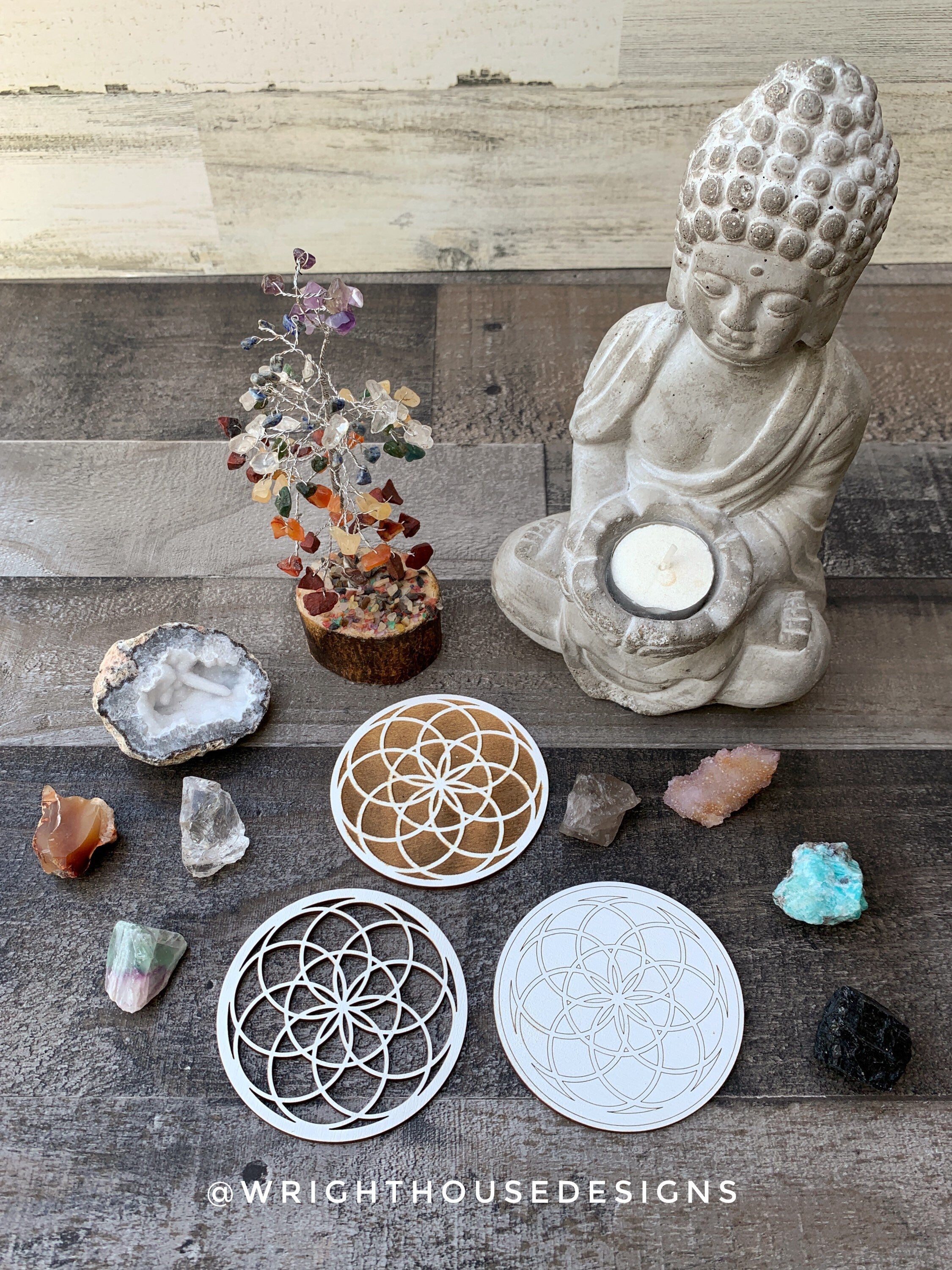 Seed of Life - Flower of Life - Wood Crystal Grid - Coaster - Coffee and Tea - Yoga and Meditation Guide