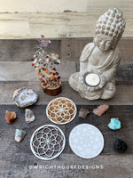 Load image into Gallery viewer, Seed of Life - Flower of Life - Wood Crystal Grid - Coaster - Coffee and Tea - Yoga and Meditation Guide
