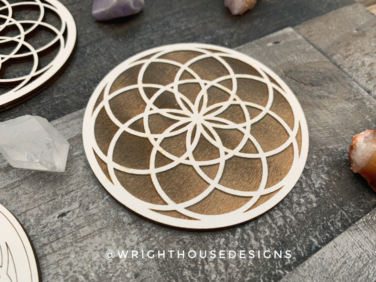 Seed of Life - Flower of Life - Wood Crystal Grid - Coaster - Coffee and Tea - Yoga and Meditation Guide