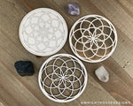 Load image into Gallery viewer, Seed of Life - Flower of Life - Wood Crystal Grid - Coaster - Coffee and Tea - Yoga and Meditation Guide
