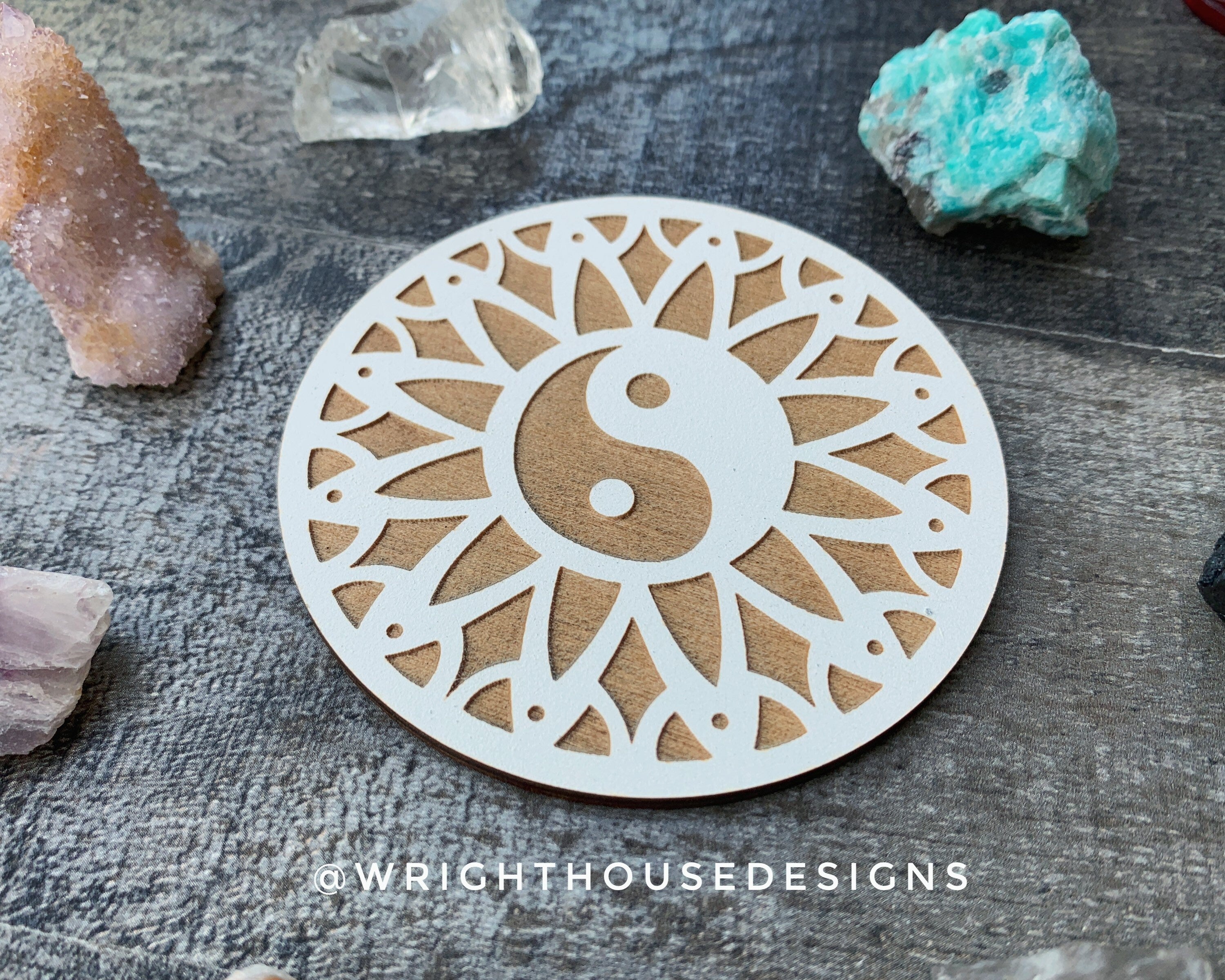 Yin Yang Mandala - Wood Crystal Grid - Coaster - Coffee and Tea - Yoga and Meditation Guide