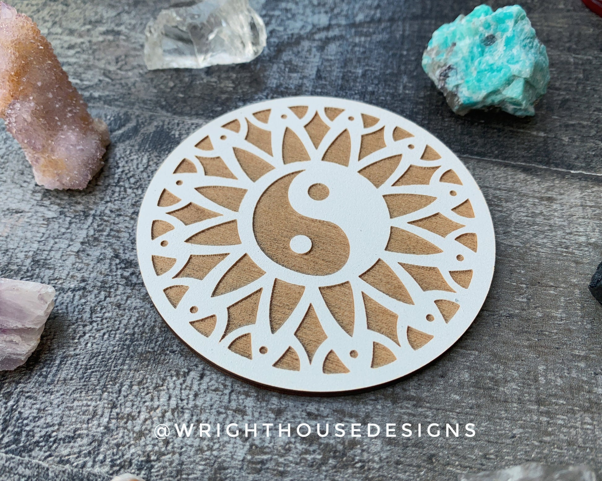 Yin Yang Mandala - Wood Crystal Grid - Coaster - Coffee and Tea - Yoga and Meditation Guide