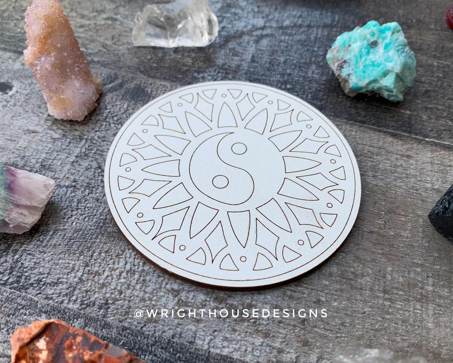 Yin Yang Mandala - Wood Crystal Grid - Coaster - Coffee and Tea - Yoga and Meditation Guide