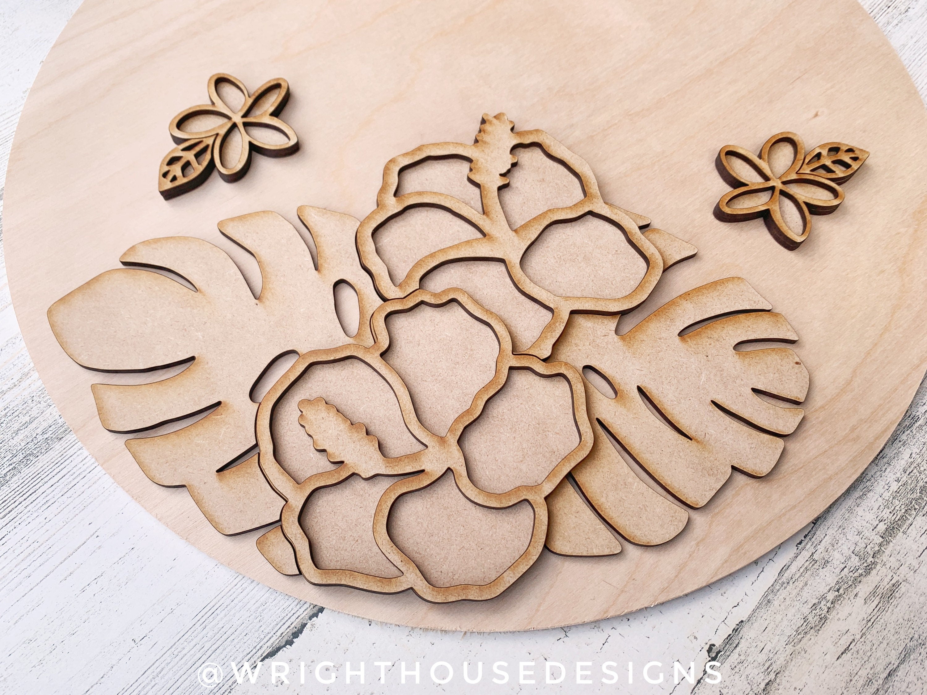 DIGITAL FILE - Monstera Hibiscus Plumeria - Tropical Floral Round - Files for Sign Making - SVG Cut File For Glowforge