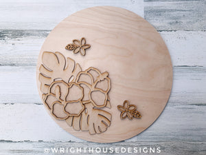 DIGITAL FILE - Monstera Hibiscus Plumeria - Tropical Floral Round - Files for Sign Making - SVG Cut File For Glowforge