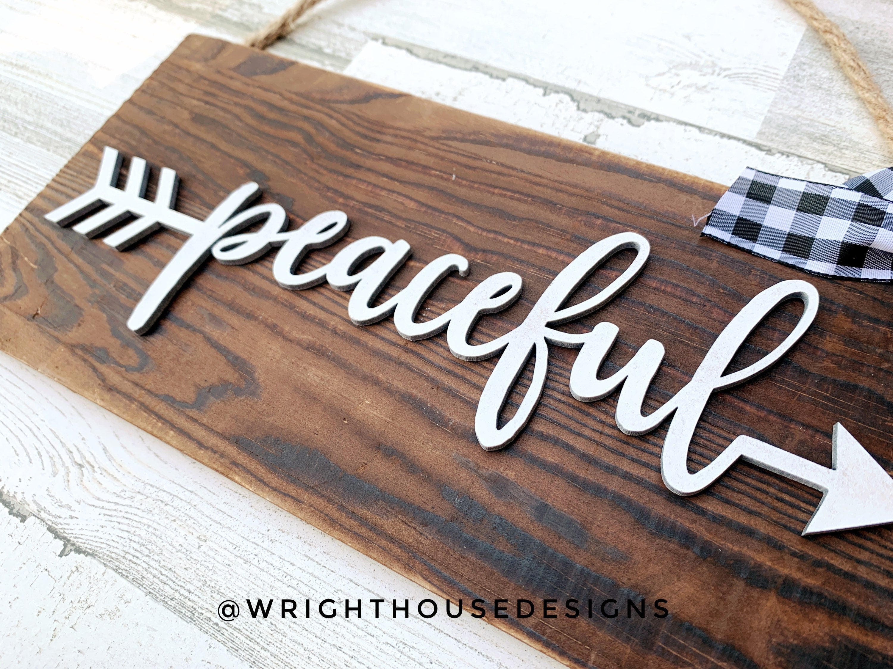 Peaceful Arrow Word Art - Rustic Farmhouse - Reclaimed Pallet Plank Board Sign - Wooden Wall Art - Bookshelf Decor and She Shed Signs