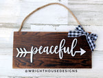Load image into Gallery viewer, Peaceful Arrow Word Art - Rustic Farmhouse - Reclaimed Pallet Plank Board Sign - Wooden Wall Art - Bookshelf Decor and She Shed Signs
