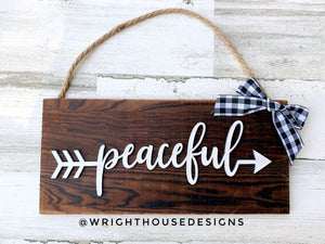 Peaceful Arrow Word Art - Rustic Farmhouse - Reclaimed Pallet Plank Board Sign - Wooden Wall Art - Bookshelf Decor and She Shed Signs