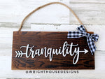 Load image into Gallery viewer, Tranquility Arrow Word Art - Rustic Farmhouse - Reclaimed Pallet Plank Board Sign - Wooden Wall Art - Bookshelf Decor and She Shed Signs

