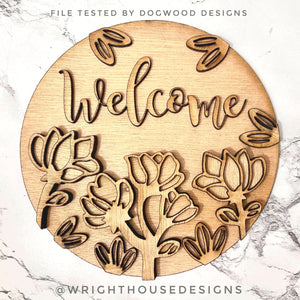 DIGITAL FILE - Magnolia Farmhouse Florals - Welcome - Farmhouse - Spring Floral Round - Files for Sign Making - SVG Cut File For Glowforge