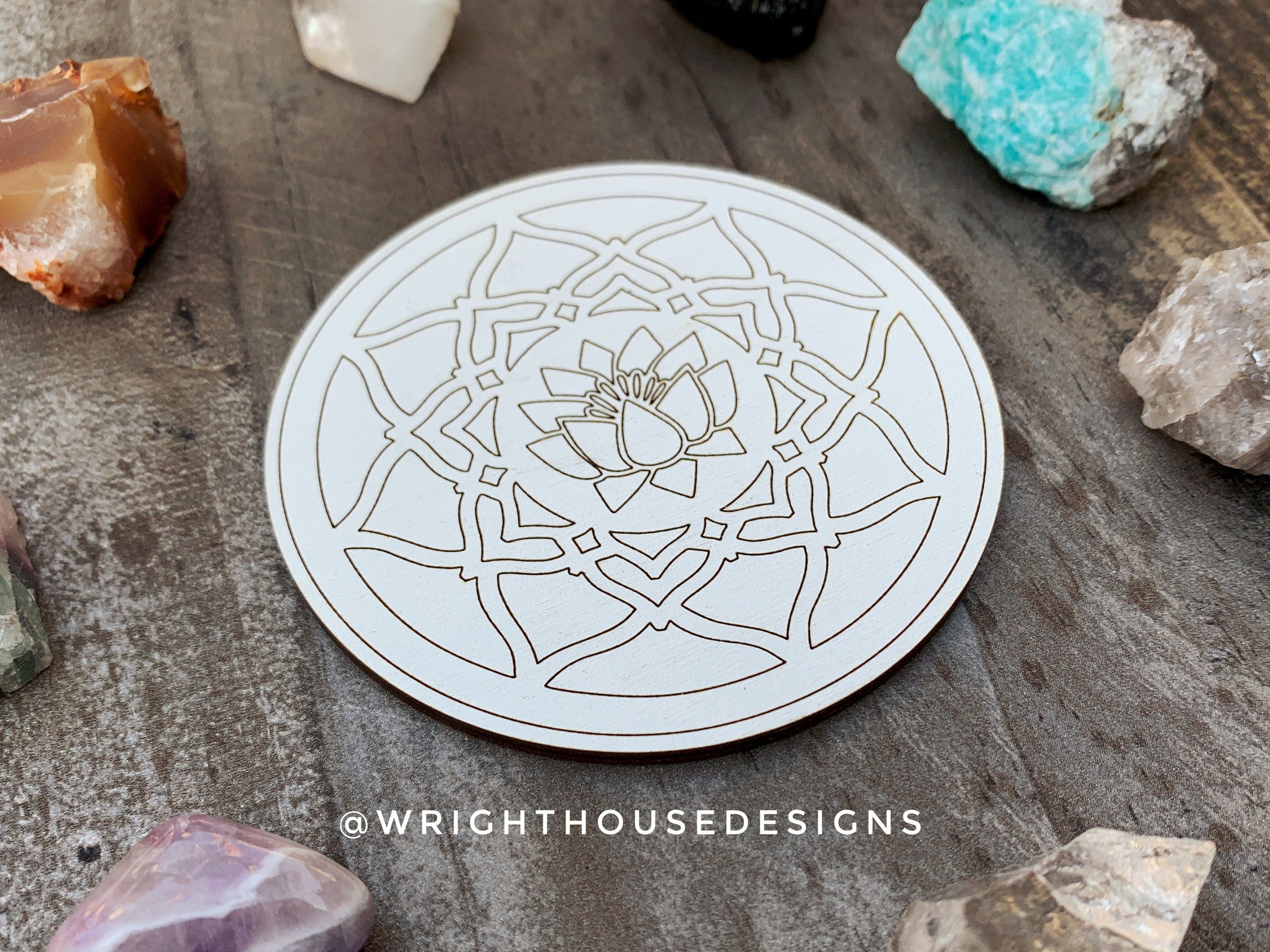 Lotus Flower Mandala - Wood Crystal Grid - Coaster - Coffee and Tea - Yoga and Meditation Guide