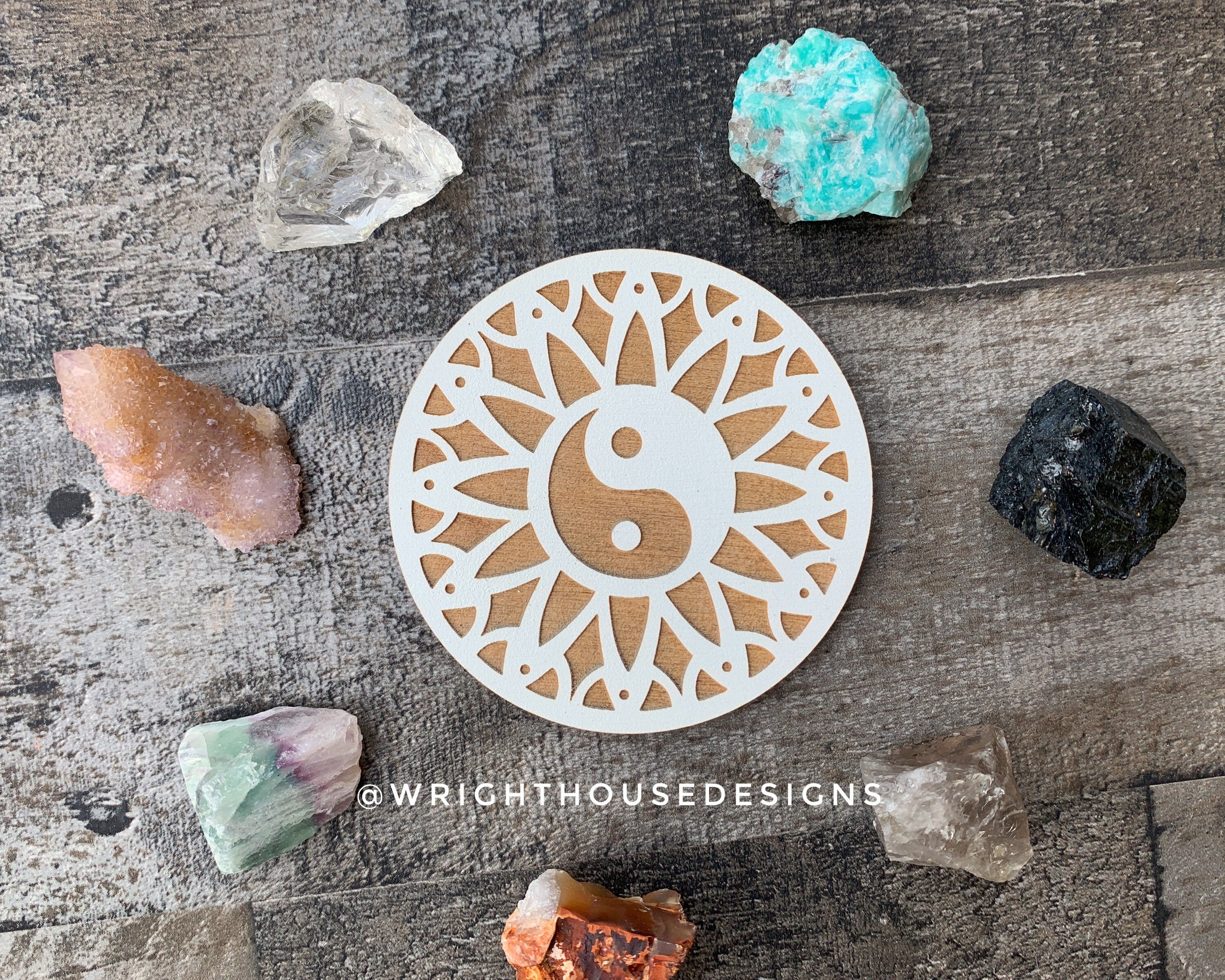 Yin Yang Mandala - Wood Crystal Grid - Coaster - Coffee and Tea - Yoga and Meditation Guide