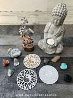 Load image into Gallery viewer, Yin Yang Mandala - Wood Crystal Grid - Coaster - Coffee and Tea - Yoga and Meditation Guide
