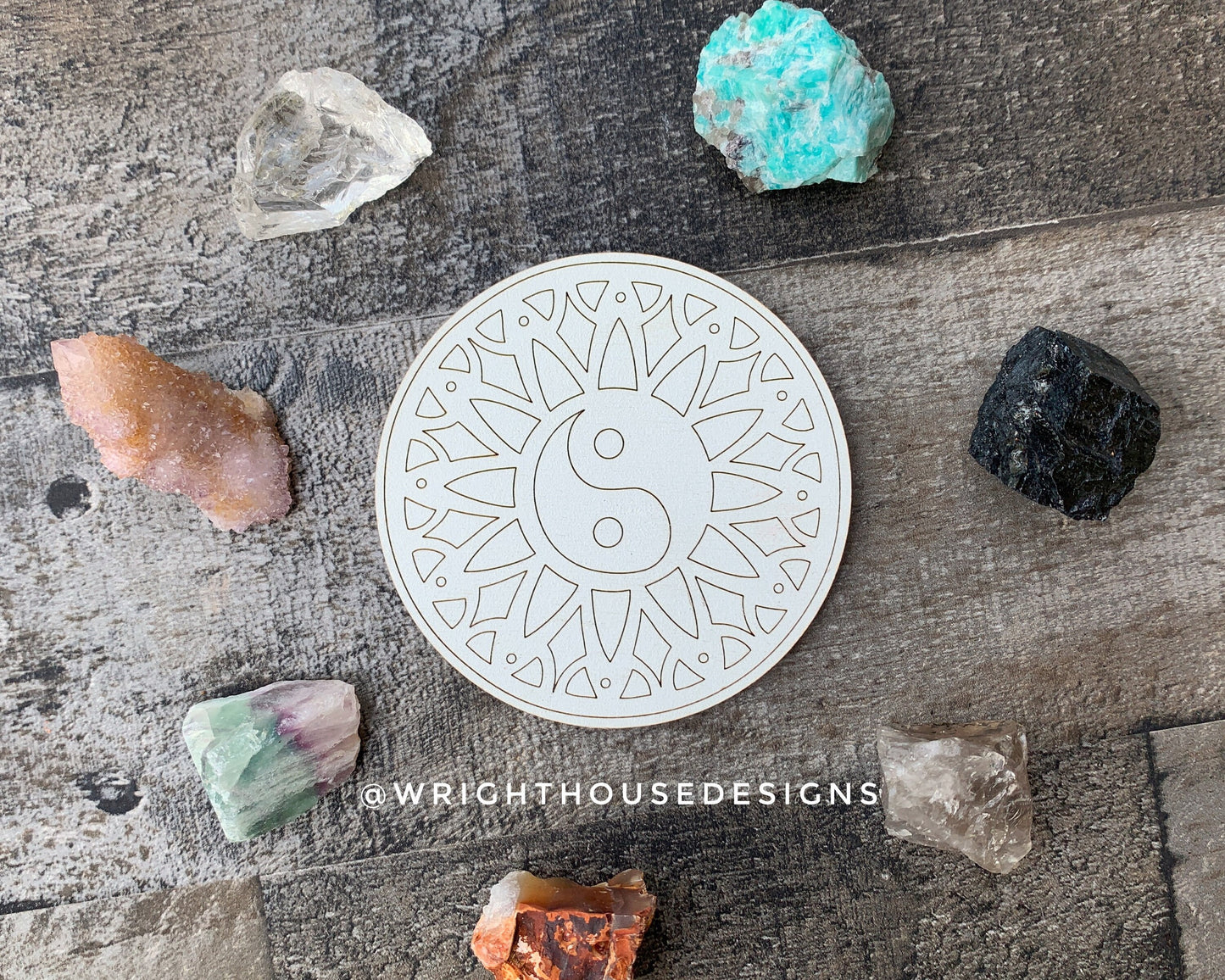 Yin Yang Mandala - Wood Crystal Grid - Coaster - Coffee and Tea - Yoga and Meditation Guide