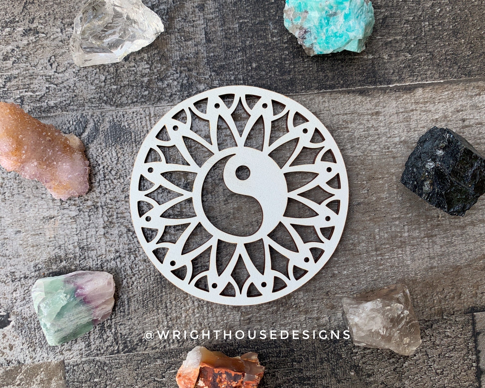 Yin Yang Mandala - Wood Crystal Grid - Coaster - Coffee and Tea - Yoga and Meditation Guide