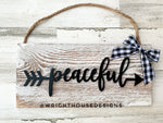 Load image into Gallery viewer, Peaceful Arrow Word Art - Rustic Farmhouse - Whitewash Reclaimed Wood Plank Board Sign - Wooden Wall Art - Home Decor and She Shed Signs
