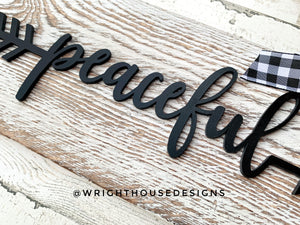Peaceful Arrow Word Art - Rustic Farmhouse - Whitewash Reclaimed Wood Plank Board Sign - Wooden Wall Art - Home Decor and She Shed Signs
