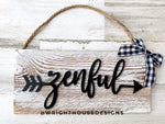 Load image into Gallery viewer, Zenful Arrow Word Art - Rustic Farmhouse - Whitewash Reclaimed Wood Plank Board Sign - Wooden Wall Art - Home Decor and She Shed Signs
