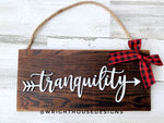 Load image into Gallery viewer, Tranquility Arrow Word Art - Rustic Farmhouse - Reclaimed Pallet Plank Board Sign - Wooden Wall Art - Bookshelf Decor and She Shed Signs
