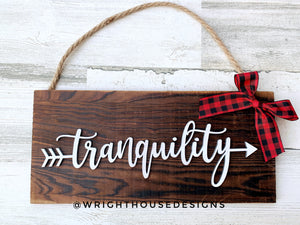 Tranquility Arrow Word Art - Rustic Farmhouse - Reclaimed Pallet Plank Board Sign - Wooden Wall Art - Bookshelf Decor and She Shed Signs