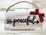 Load image into Gallery viewer, Peaceful Arrow Word Art - Rustic Farmhouse - Whitewash Reclaimed Wood Plank Board Sign - Wooden Wall Art - Home Decor and She Shed Signs
