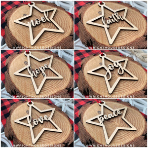 Minimalist Farmhouse - Laser Cut - Wooden Christmas Tree Star Ornament Set - Joy - Faith - Seasonal Wisdom Words - Stocking and Gift Tags